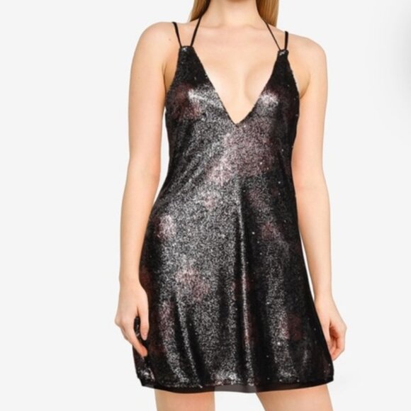 Free People Dresses & Skirts - Free People Sequin Slip Dress NWT Black Floral L Party Mini Strappy Back
